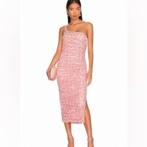 Likely Revolve Tash Pink Floral One Shoulder Sleeveless Ruched Midi Dress Size 4
